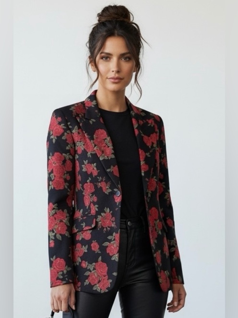 Vintage 90s Moschino Jeans Black Red Rose Print Blazer IT 42 USA 8
